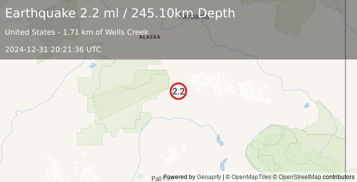 Earthquake 27 km E of Cantwell, Alaska (2.2 ml) (2024-12-31 20:21:36 UTC)