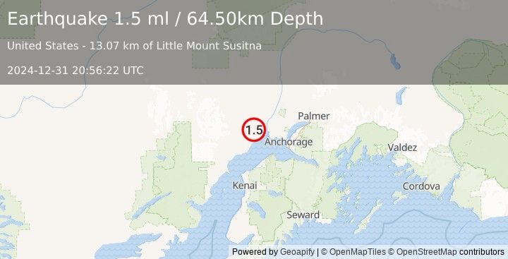 Earthquake 28 km NNE of Beluga, Alaska (1.5 ml) (2024-12-31 20:56:22 UTC)