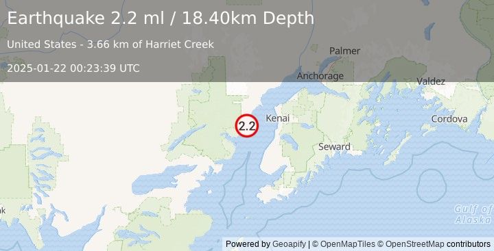 Earthquake 51 km WNW of Clam Gulch, Alaska (2.2 ml) (2025-01-22 00:23:39 UTC)