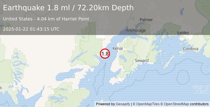 Earthquake 45 km NW of Ninilchik, Alaska (1.8 ml) (2025-01-22 01:43:15 UTC)