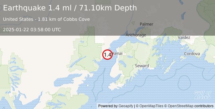 Earthquake 38 km WSW of Salamatof, Alaska (1.4 ml) (2025-01-22 03:58:00 UTC)