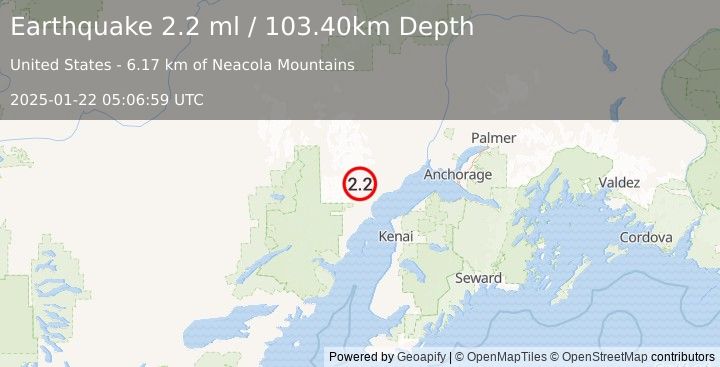 Earthquake 49 km W of Tyonek, Alaska (2.2 ml) (2025-01-22 05:06:59 UTC)