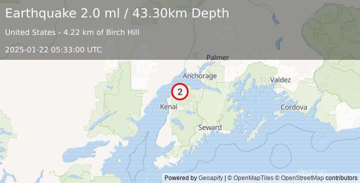 Earthquake 6 km SW of Point Possession, Alaska (2.0 ml) (2025-01-22 05:33:00 UTC)