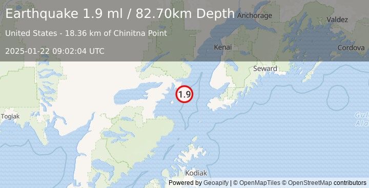 Earthquake 59 km WNW of Nanwalek, Alaska (1.9 ml) (2025-01-22 09:02:04 UTC)