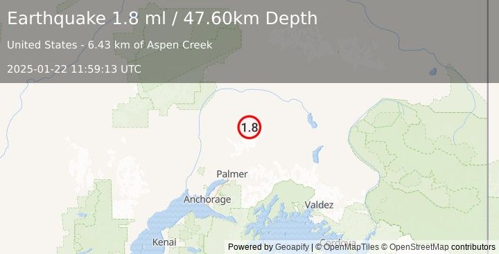 Earthquake 56 km N of Chickaloon, Alaska (1.8 ml) (2025-01-22 11:59:13 UTC)