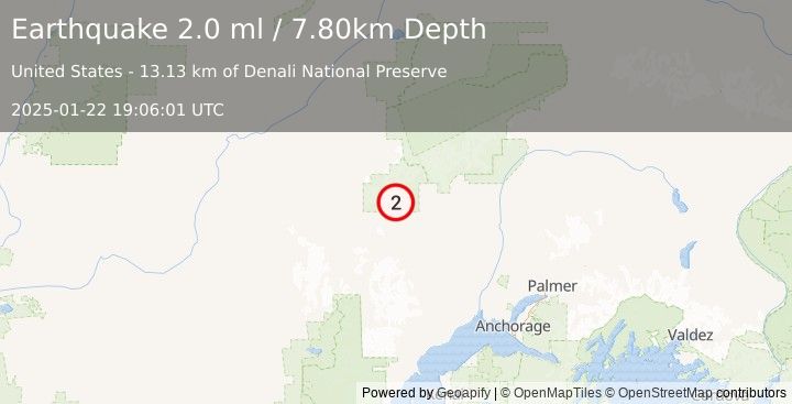 Earthquake 61 km NW of Skwentna, Alaska (2.0 ml) (2025-01-22 19:06:01 UTC)