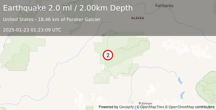 Earthquake 33 km S of Denali National Park, Alaska (2.0 ml) (2025-01-23 01:23:09 UTC)