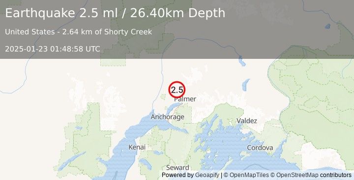 Earthquake 13 km WNW of Fishhook, Alaska (2.5 ml) (2025-01-23 01:48:58 UTC)