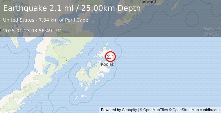 Earthquake 25 km NE of Ouzinkie, Alaska (2.1 ml) (2025-01-23 03:56:49 UTC)