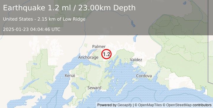 Earthquake 24 km SE of Knik River, Alaska (1.2 ml) (2025-01-23 04:04:46 UTC)