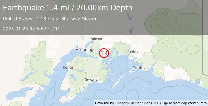 Earthquake 36 km NNE of Whittier, Alaska (1.4 ml) (2025-01-23 04:59:22 UTC)