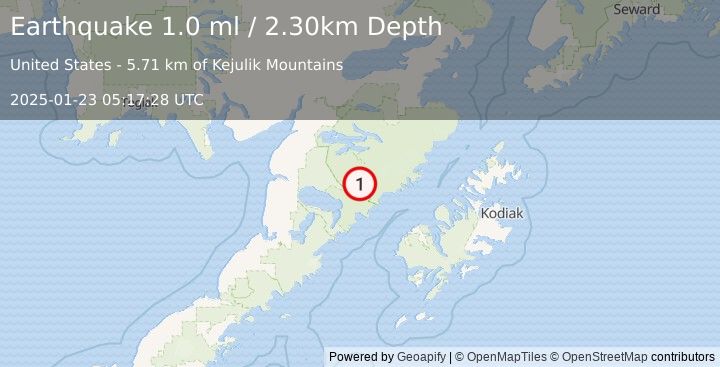 Earthquake 89 km NW of Karluk, Alaska (1.0 ml) (2025-01-23 05:17:28 UTC)