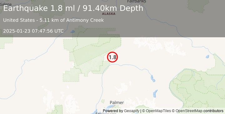 Earthquake 40 km SW of Cantwell, Alaska (1.8 ml) (2025-01-23 07:47:56 UTC)