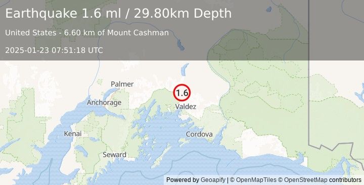 Earthquake 33 km NNW of Valdez, Alaska (1.6 ml) (2025-01-23 07:51:18 UTC)