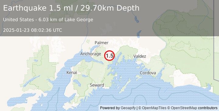 Earthquake 39 km SSE of Knik River, Alaska (1.5 ml) (2025-01-23 08:02:36 UTC)