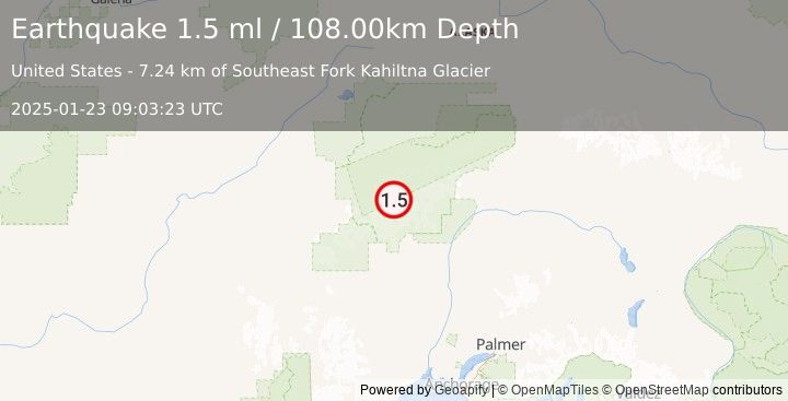 Earthquake 55 km NNW of Petersville, Alaska (1.5 ml) (2025-01-23 09:03:23 UTC)