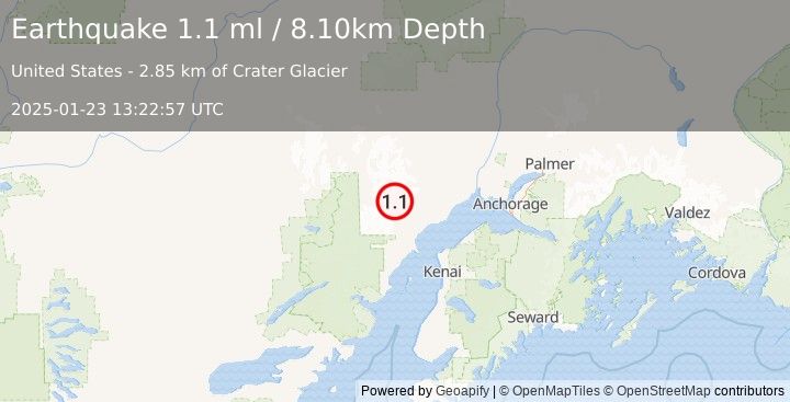 Earthquake 60 km WNW of Tyonek, Alaska (1.1 ml) (2025-01-23 13:22:57 UTC)