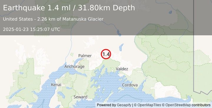 Earthquake 17 km SSE of Glacier View, Alaska (1.4 ml) (2025-01-23 15:25:07 UTC)