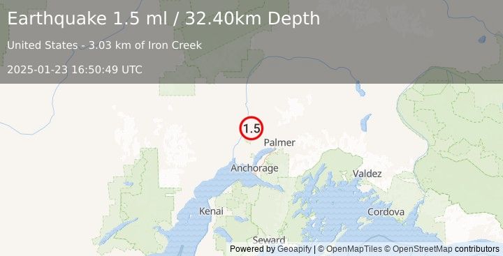 Earthquake 7 km NNE of Willow, Alaska (1.5 ml) (2025-01-23 16:50:49 UTC)