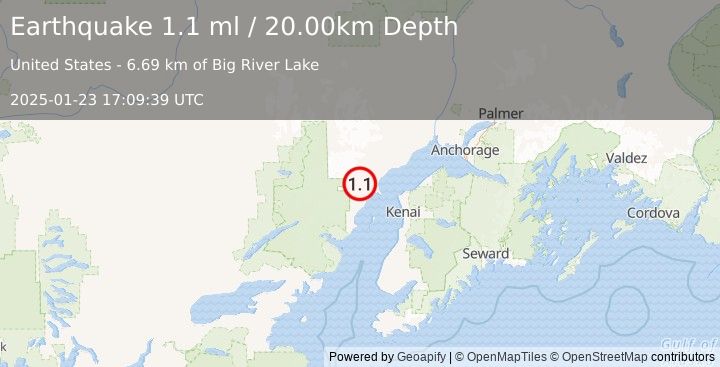 Earthquake 53 km WNW of Nikiski, Alaska (1.1 ml) (2025-01-23 17:09:39 UTC)