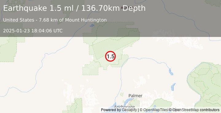 Earthquake 45 km N of Petersville, Alaska (1.5 ml) (2025-01-23 18:04:06 UTC)