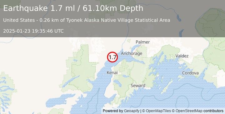 Earthquake 5 km WNW of Tyonek, Alaska (1.7 ml) (2025-01-23 19:35:46 UTC)