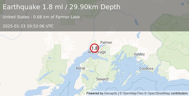 Earthquake 6 km WNW of Point MacKenzie, Alaska (1.8 ml) (2025-01-23 20:52:06 UTC)