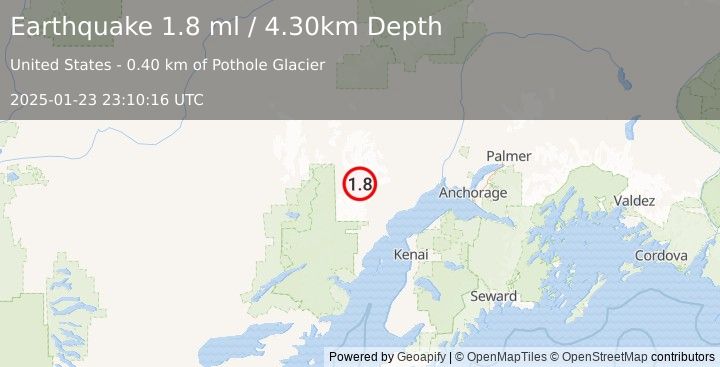 Earthquake 71 km WNW of Tyonek, Alaska (1.8 ml) (2025-01-23 23:10:16 UTC)