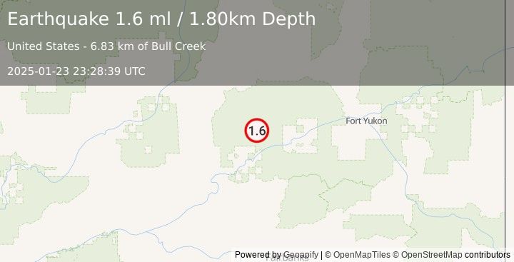 Earthquake 52 km NNE of Stevens Village, Alaska (1.6 ml) (2025-01-23 23:28:39 UTC)