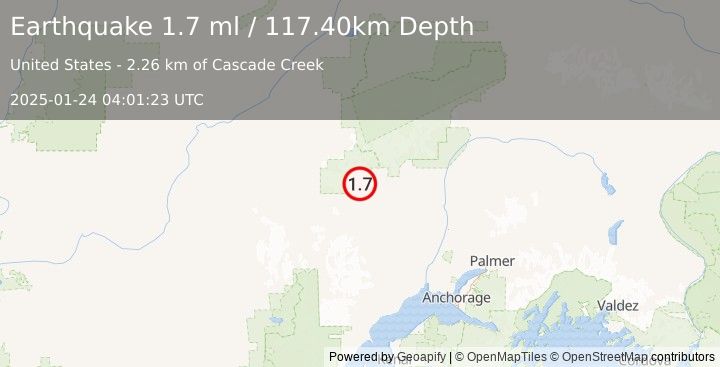 Earthquake 55 km NW of Skwentna, Alaska (1.7 ml) (2025-01-24 04:01:23 UTC)