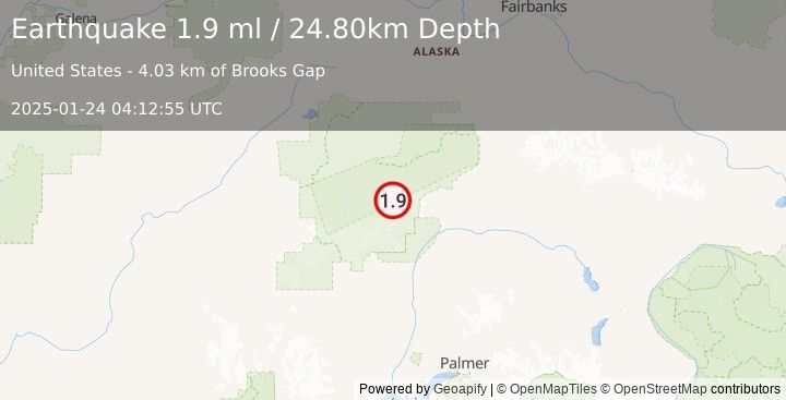 Earthquake 70 km N of Petersville, Alaska (1.9 ml) (2025-01-24 04:12:55 UTC)