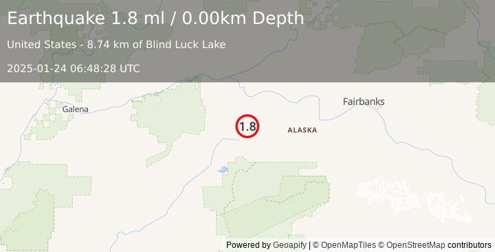 Earthquake 67 km SW of Manley Hot Springs, Alaska (1.8 ml) (2025-01-24 06:48:28 UTC)