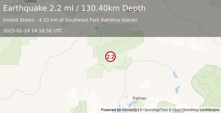 Earthquake 58 km NNW of Petersville, Alaska (2.2 ml) (2025-01-24 14:16:56 UTC)