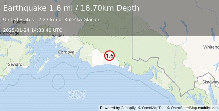 Earthquake 114 km S of McCarthy, Alaska (1.6 ml) (2025-01-24 14:33:40 UTC)