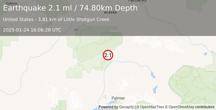 Earthquake 58 km SW of Cantwell, Alaska (2.1 ml) (2025-01-24 16:06:28 UTC)