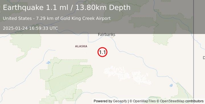 Earthquake 56 km E of Clear, Alaska (1.1 ml) (2025-01-24 16:59:33 UTC)