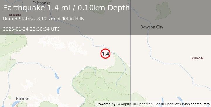 Earthquake 19 km W of Tetlin, Alaska (1.4 ml) (2025-01-24 23:36:54 UTC)