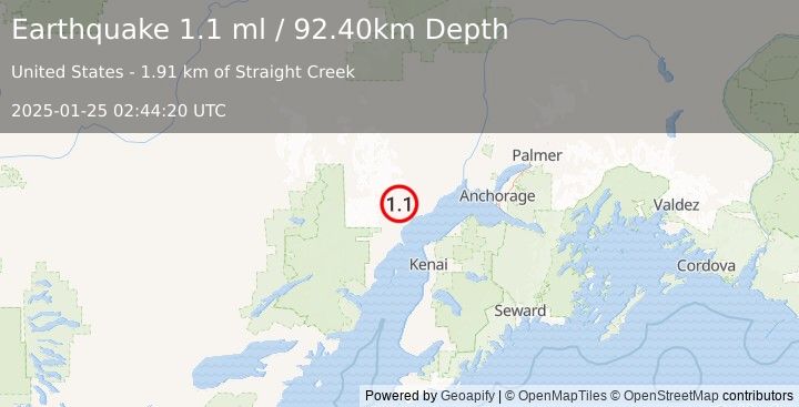 Earthquake 38 km WNW of Tyonek, Alaska (1.1 ml) (2025-01-25 02:44:20 UTC)