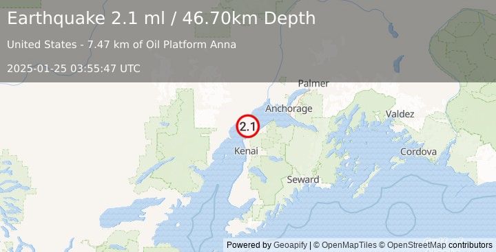 Earthquake 14 km SSW of Tyonek, Alaska (2.1 ml) (2025-01-25 03:55:47 UTC)