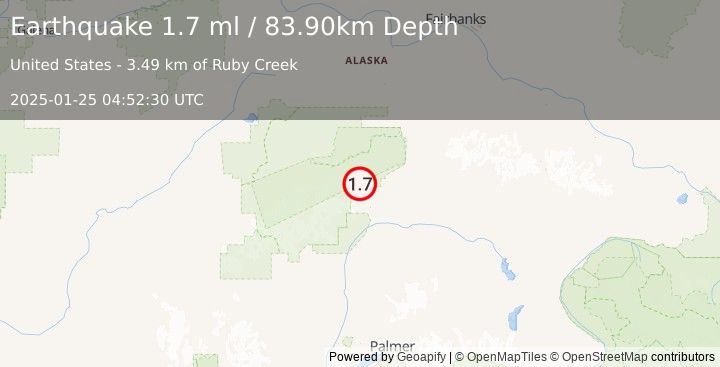 Earthquake 46 km WSW of Cantwell, Alaska (1.7 ml) (2025-01-25 04:52:30 UTC)