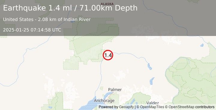 Earthquake 44 km NE of Chase, Alaska (1.4 ml) (2025-01-25 07:14:58 UTC)