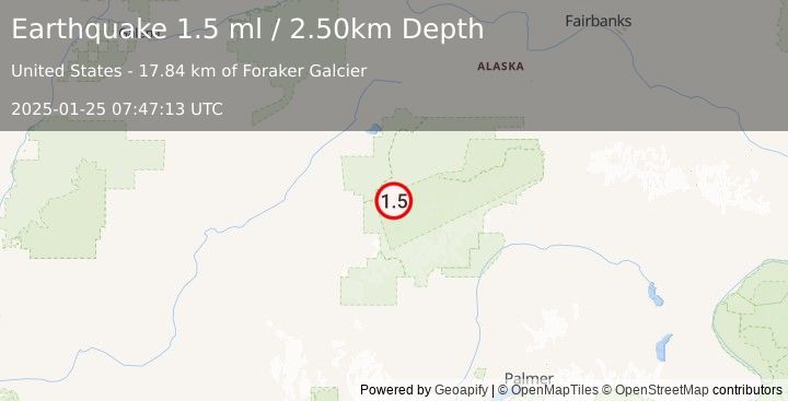 Earthquake 32 km S of Denali National Park, Alaska (1.5 ml) (2025-01-25 07:47:13 UTC)