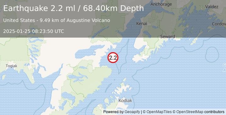 Earthquake 67 km SE of Pedro Bay, Alaska (2.2 ml) (2025-01-25 08:23:50 UTC)