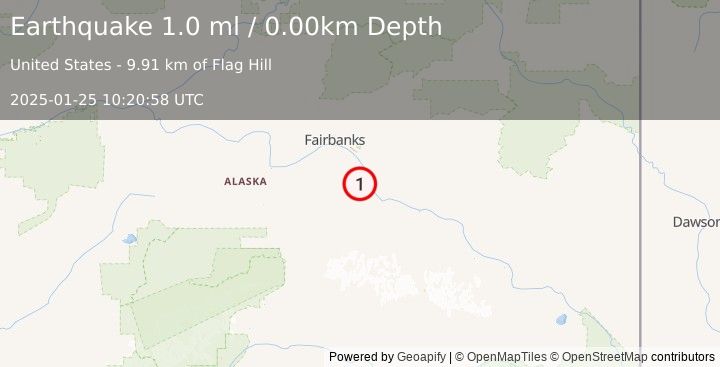 Earthquake 16 km SW of Salcha, Alaska (1.0 ml) (2025-01-25 10:20:58 UTC)