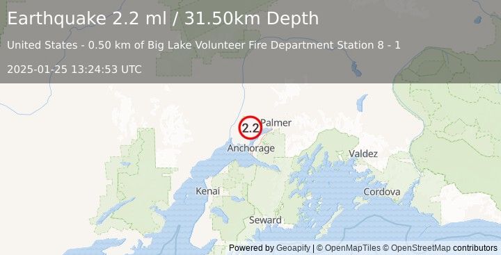 Earthquake 2 km E of Big Lake, Alaska (2.2 ml) (2025-01-25 13:24:53 UTC)