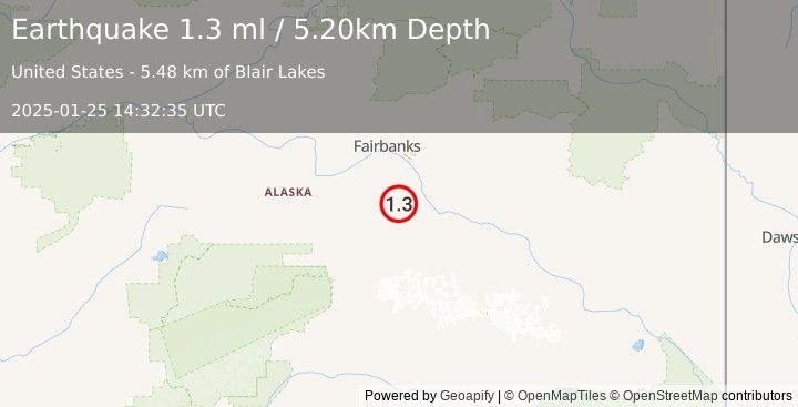 Earthquake 34 km SW of Salcha, Alaska (1.3 ml) (2025-01-25 14:32:35 UTC)