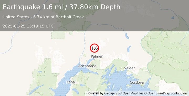 Earthquake 20 km N of Fishhook, Alaska (1.6 ml) (2025-01-25 15:19:15 UTC)