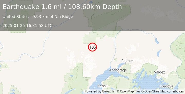 Earthquake 39 km WNW of Skwentna, Alaska (1.6 ml) (2025-01-25 16:31:58 UTC)