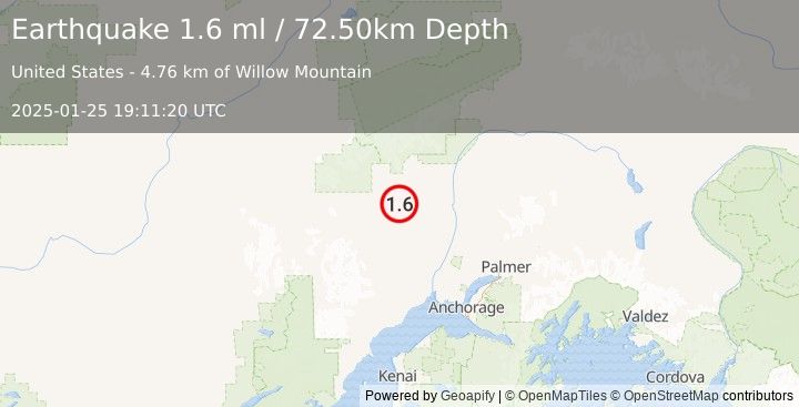 Earthquake 23 km NNE of Skwentna, Alaska (1.6 ml) (2025-01-25 19:11:20 UTC)