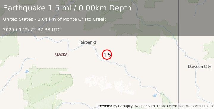 Earthquake 17 km ENE of Harding-Birch Lakes, Alaska (1.5 ml) (2025-01-25 22:37:38 UTC)